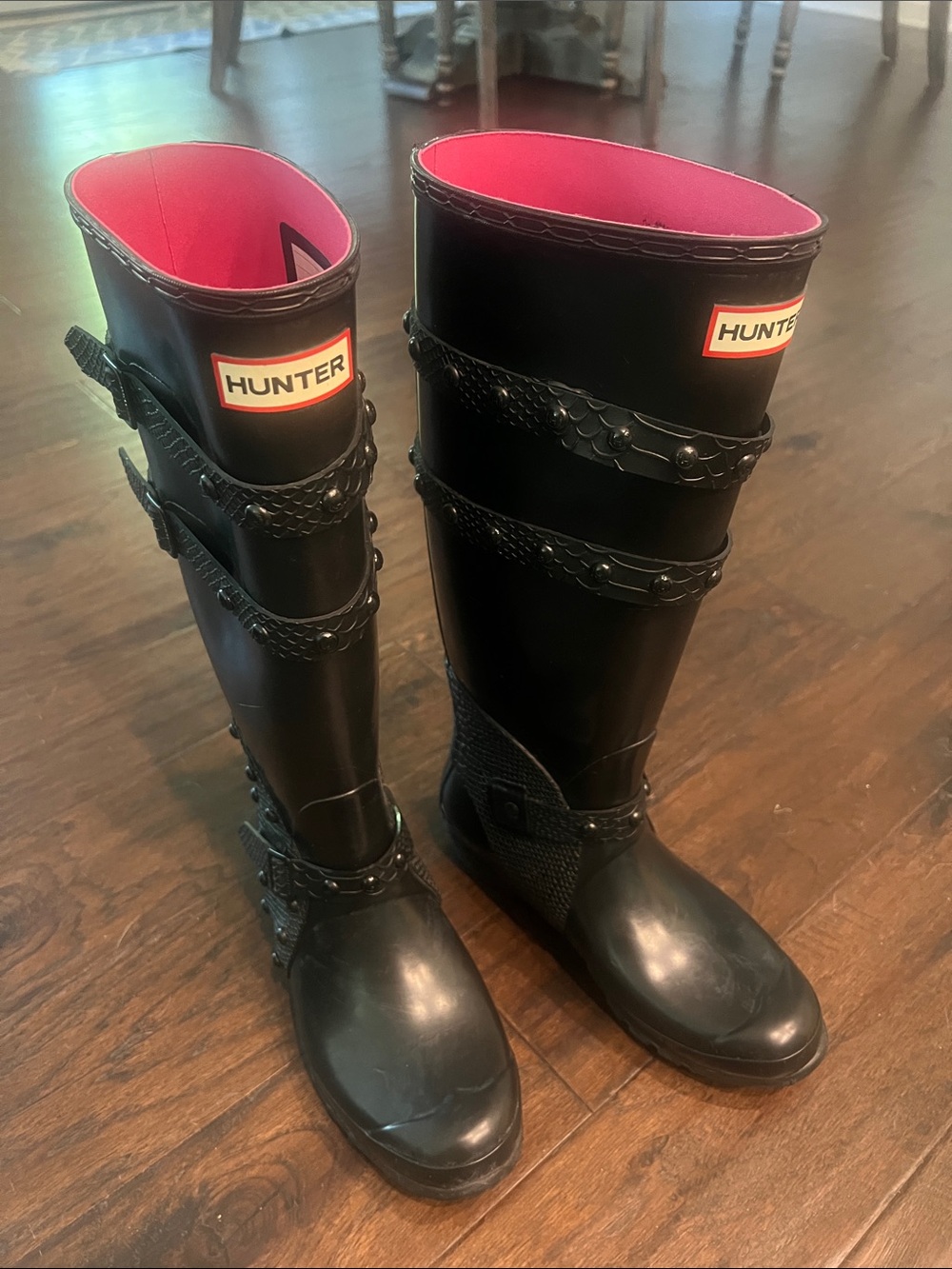 Hunter Black Festival 2011 Rare Tall Black Rubber Biker Studded Rain Boots 8 GUC